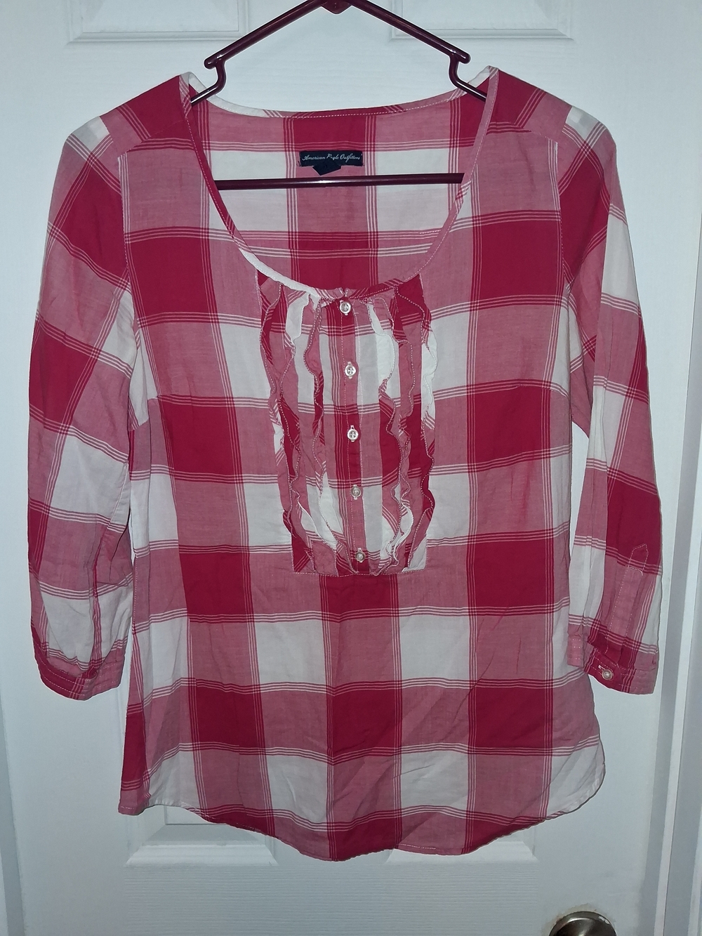American Eagle Outfitters Pink and White Plaid Ruffle-Front Blouse